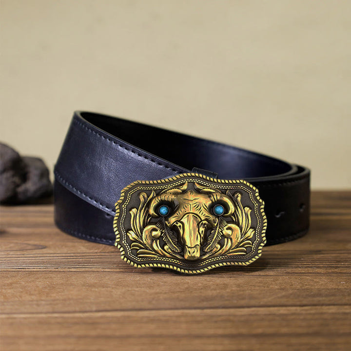 Men's DIY Goat Skull Turquoise Buckle Leather Belt - Gold - Black PU Belt (40) - image 5