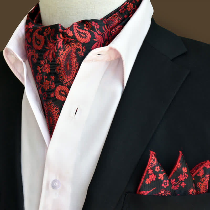 2Pcs Red&Black Luxury Floral Paisley Pocket Square and Cravat Set - Red&Black - image 0