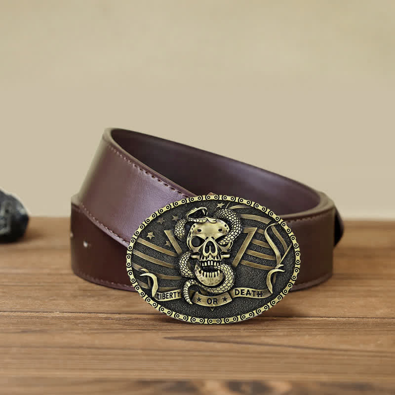 Men's DIY "Liberty or Death" Snake Skull Buckle Leather Belt - Antique Bronze - Brown PU Belt (40) - image 13