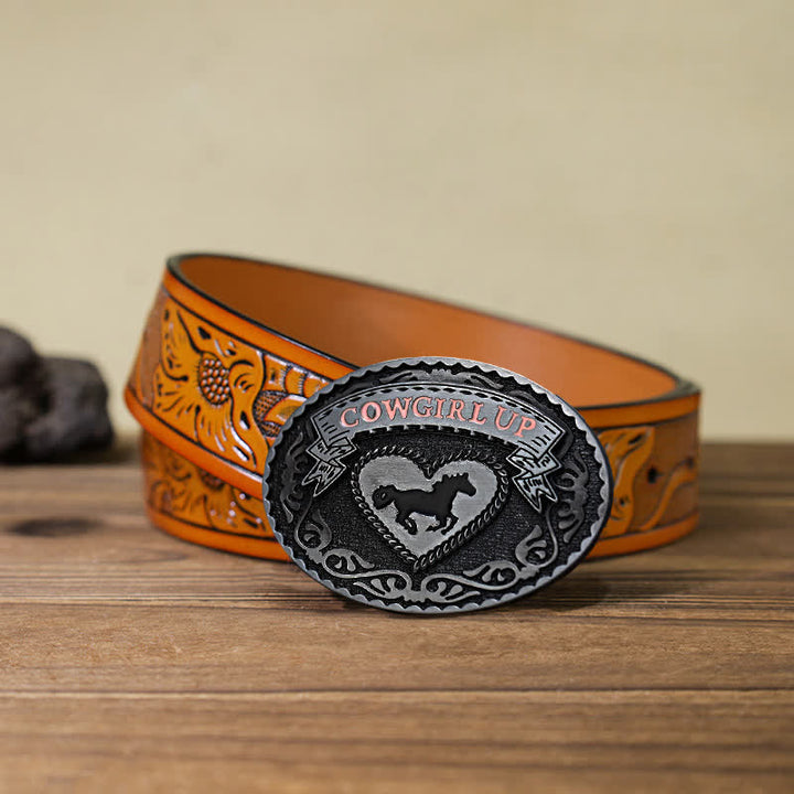 Women's DIY Silver Cowgirl Up Buckle Leather Belt - Cowgirl Up - Orange Carved Belt (40) - image 15