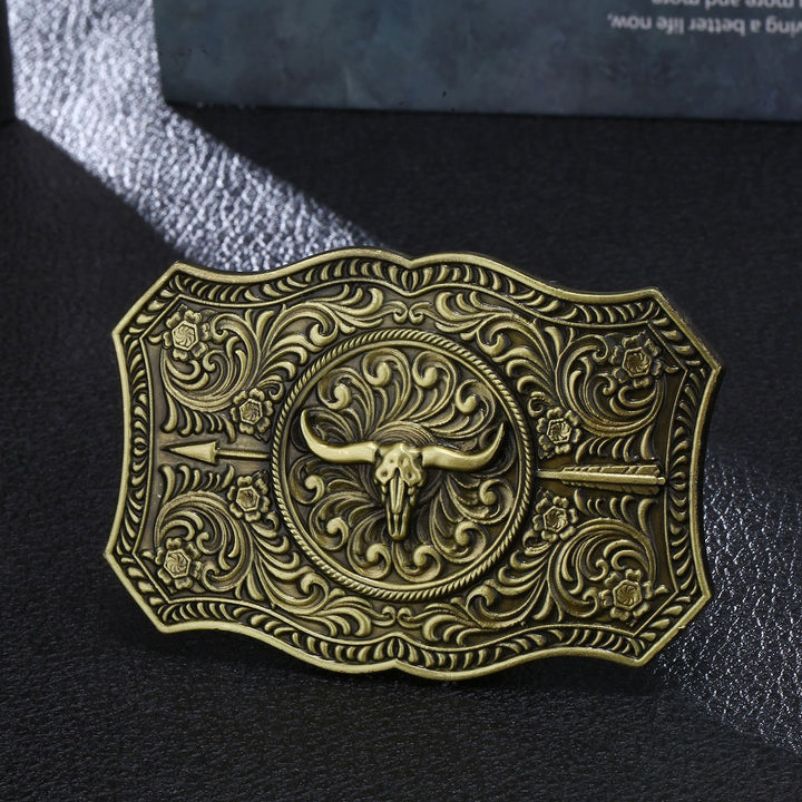Men's DIY Long Horn Bull Arrow Buckle Leather Belt - Antique Bronze - Without Belt - image 3