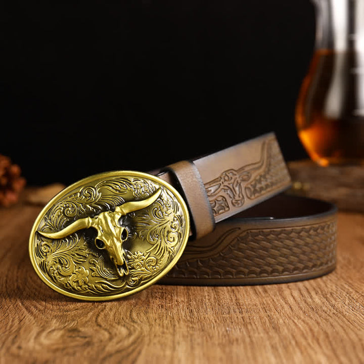 Men's Vintage Floral Longhorn Bull Leather Belt - Coffee / Gold - 42 - image 4