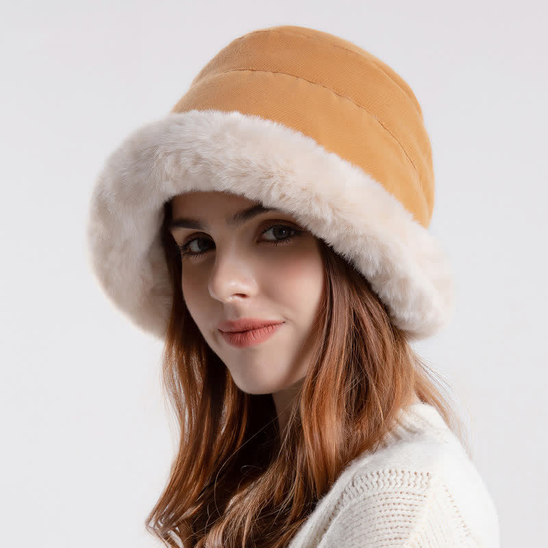 Women's Thickened Warm Plush Brim Bucket Hat - Orange - Adjustable (Approx. 21 5/8"-22 7/8") - image 7