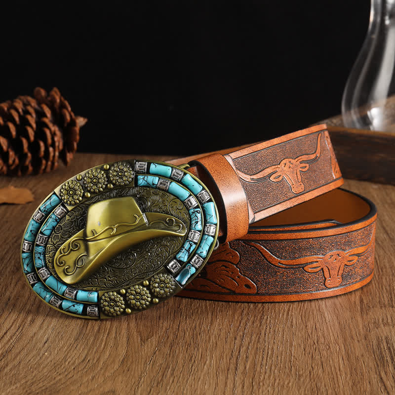 Men's Cowboy Gold Hat Turquoise Decor Leather Belt - Brown - 42 - image 2