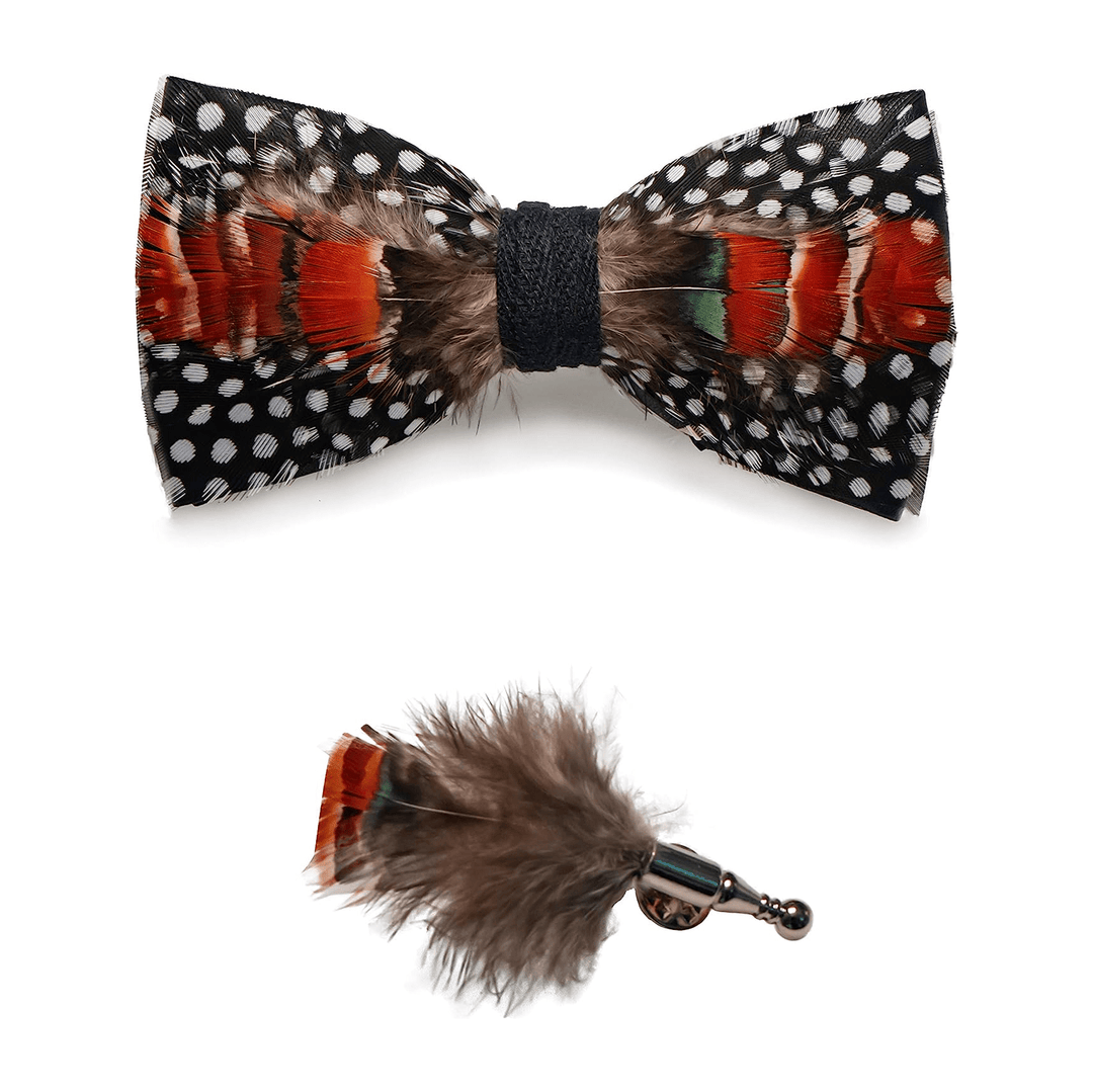 Orange & Black White Polka Feather Bow Tie with Lapel Pin - image 3