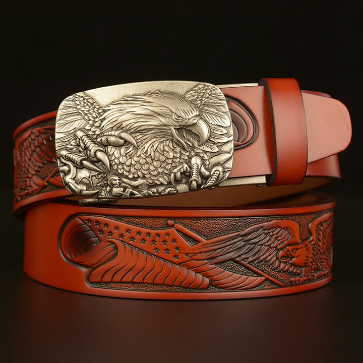 Men's Vintage Eagle Wings Automatic Buckle Leather Belt - Brown / Silver - 46 - image 17
