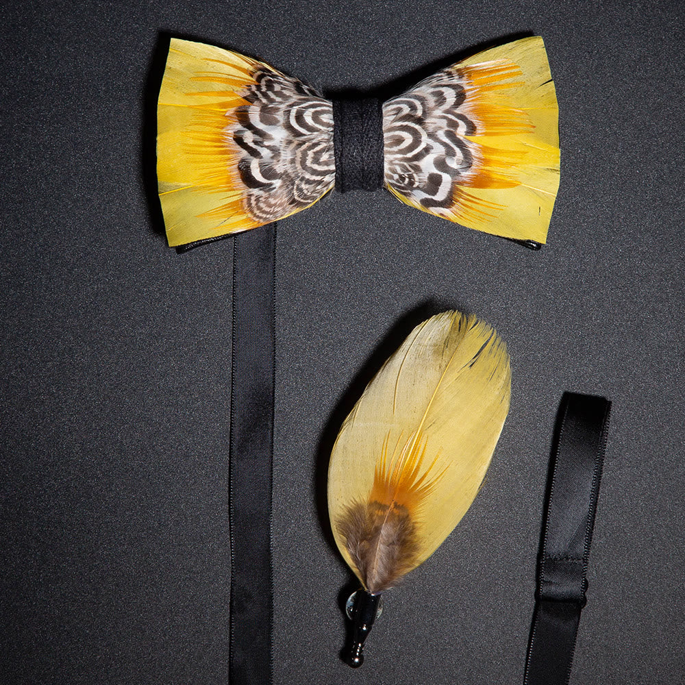 Yellow Tiger Print Feather Bow Tie with Lapel Pin - Yellow - image 0