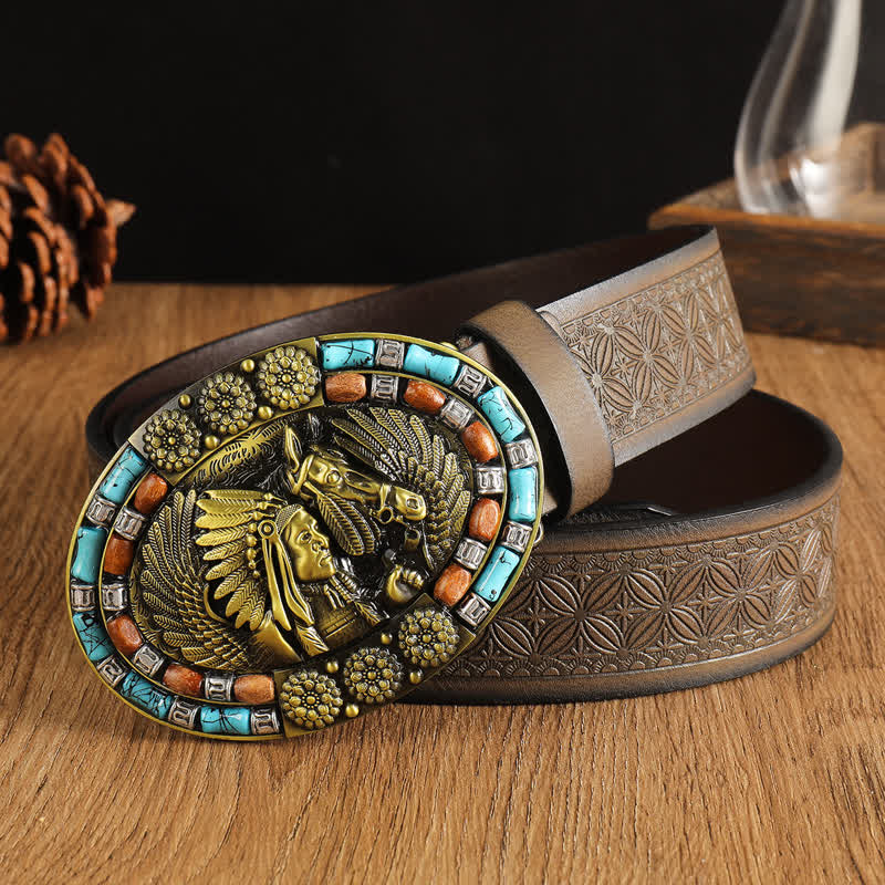 Men's Boho Indian Art Turquoise Leather Belt - Coffee #1 - 42 - image 2