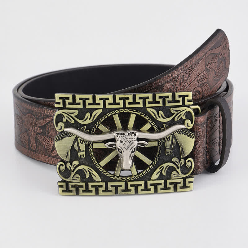Men's Bronze Hollow Cattle Bull Buckle Leather Belt - Cattle - 34 - image 0