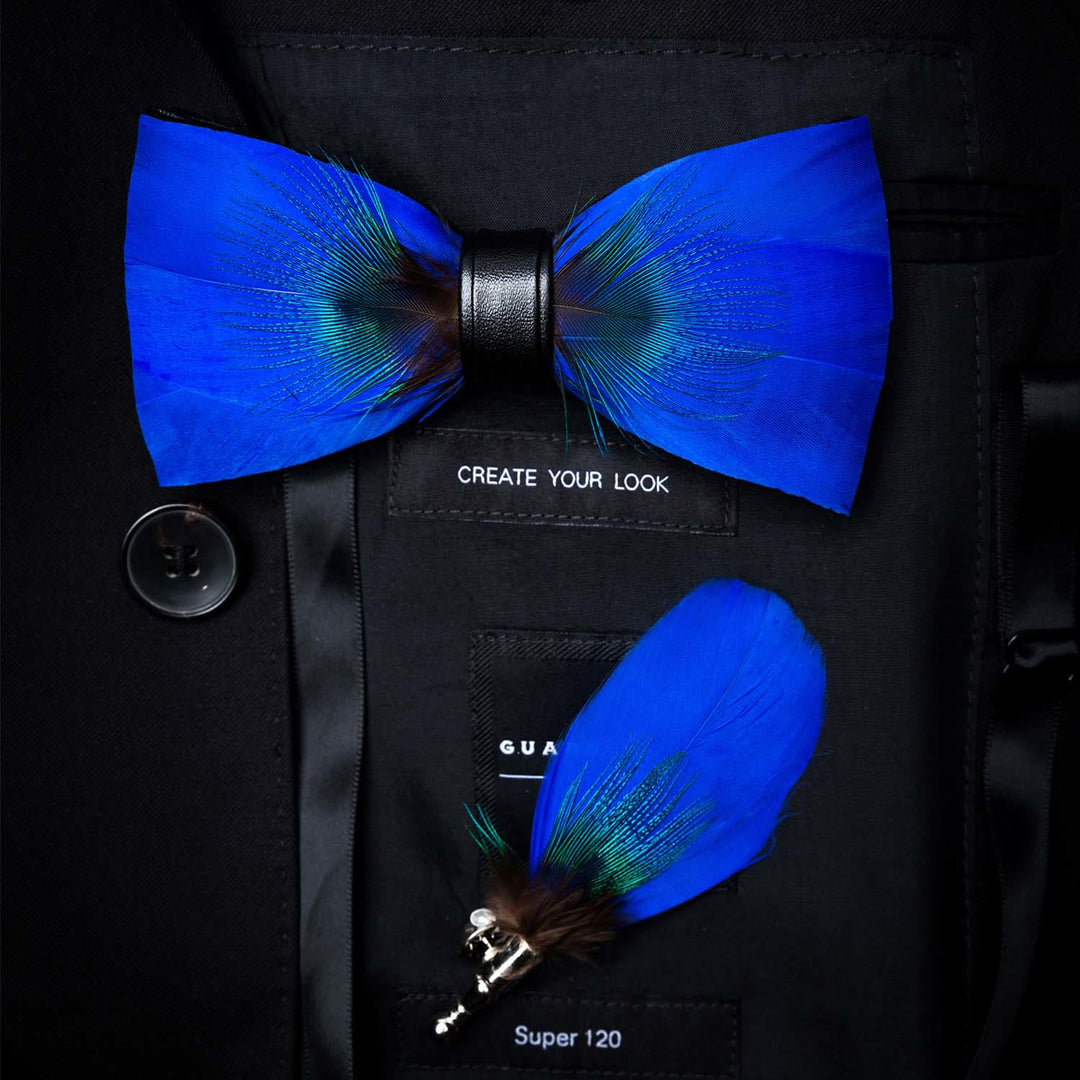 Oxford Blue Peacock Feather Bow Tie with Lapel Pin - Adult - image 0