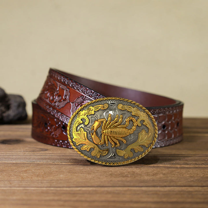 Men's DIY Golden Scorpion Buckle Leather Belt - Oval - Brown Carved Belt (40) - image 19