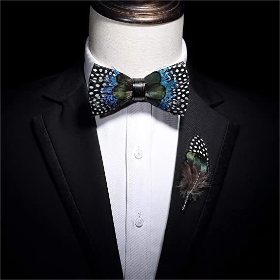 Green & Blue Polka Dots Feather Bow Tie with Lapel Pin - image 2