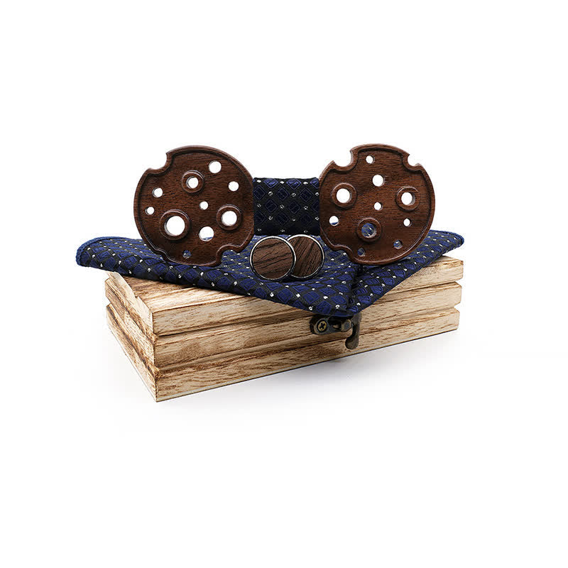 3Pcs Men's Hollow Circle Wooden Bow Tie Set - Navy - image 11