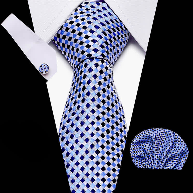 3Pcs Men's Blue & Black Woven Checked Necktie Set - Blue & Black - image 0