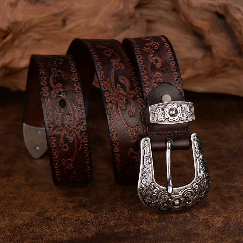 Unisex Rustic Texture Flower Printing Leather Belt - image 6