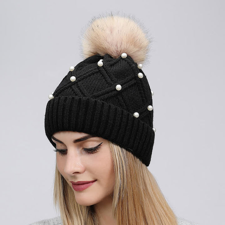 Women's Cute Pearls Deor Pompoms Stretchy Knitted Hat - Black - Adjustable (21 5/8"-23 5/8") - image 8