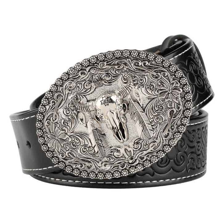 Men's Engarved Feather Bull Jeans Leather Belt - Style #1 - Black / Silver - 46 - image 11