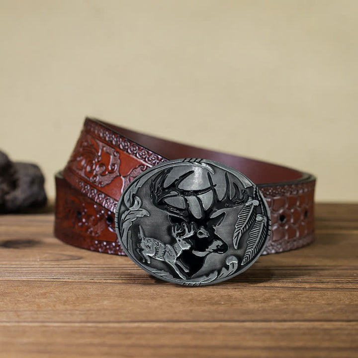 Men's DIY Deer Hunting Antlers Buckle Leather Belt - Deer - Brown Carved Belt (40) - image 11
