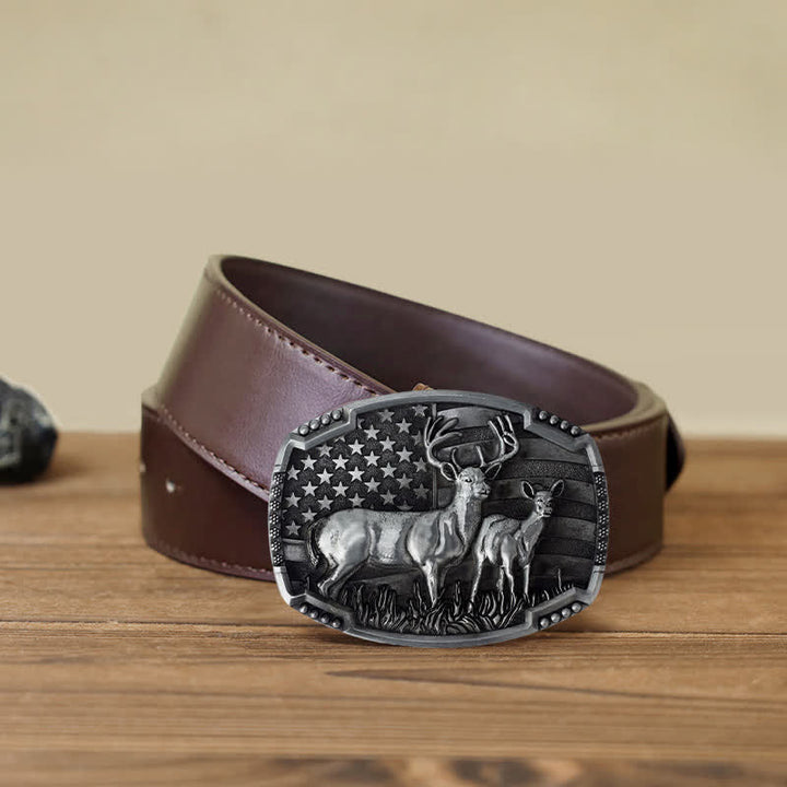 Men's DIY Deer Hunter American Flag Buckle Leather Belt - Silver Deers - Brown PU Belt (40) - image 21