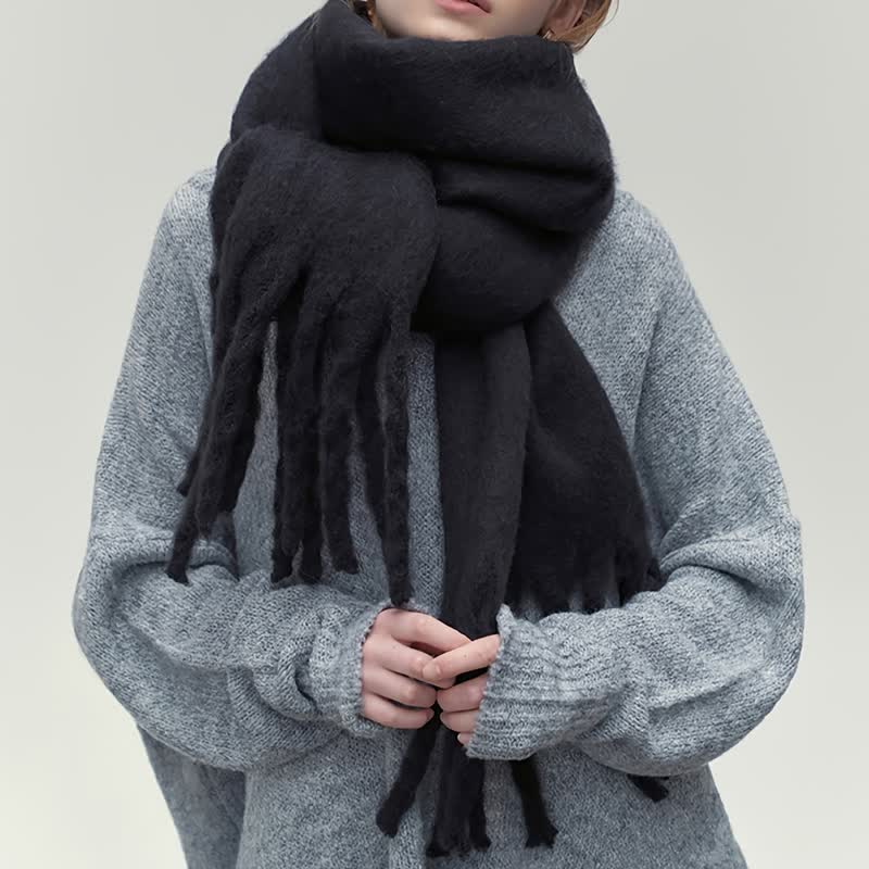Women's Chunky Thickened Solid Color Soft Scarf - Black - image 5