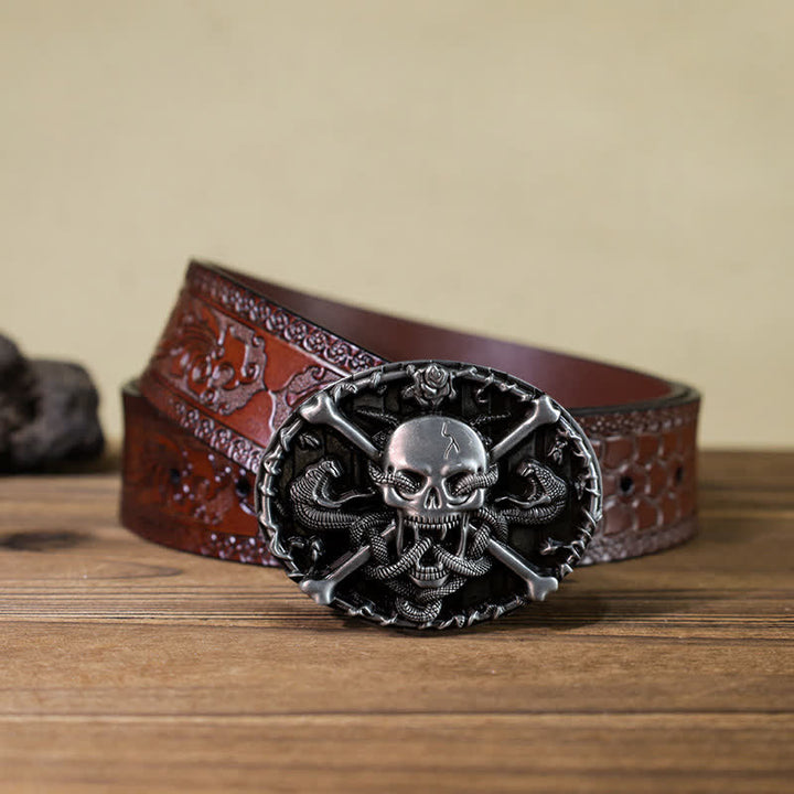 Men's DIY Gothic Cross Skull Snake Buckle Leather Belt - Skull - Brown Carved Belt (40) - image 10