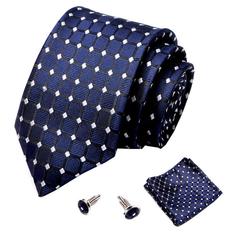 3Pcs Men's MidnightBlue & White Checked Necktie Set - image 1