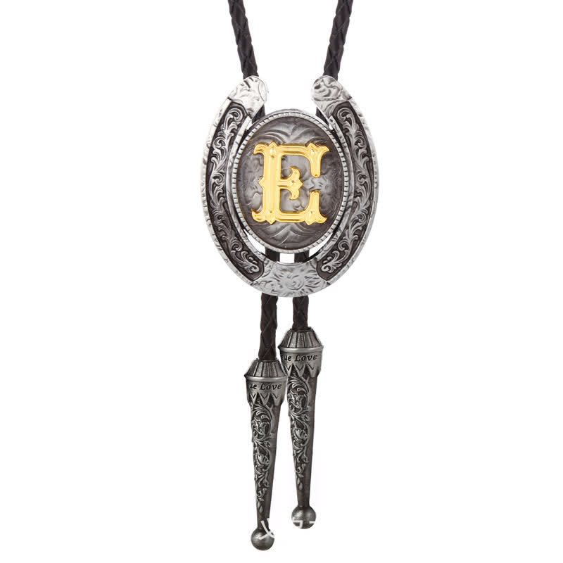 Modern Western Horseshoe Initial Letter A To Z Bolo Tie - Silver - E - image 35