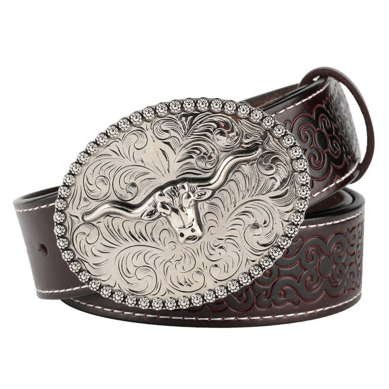 Men's Engarved Feather Bull Jeans Leather Belt - Style #2 - Coffee / Silver - 46 - image 19