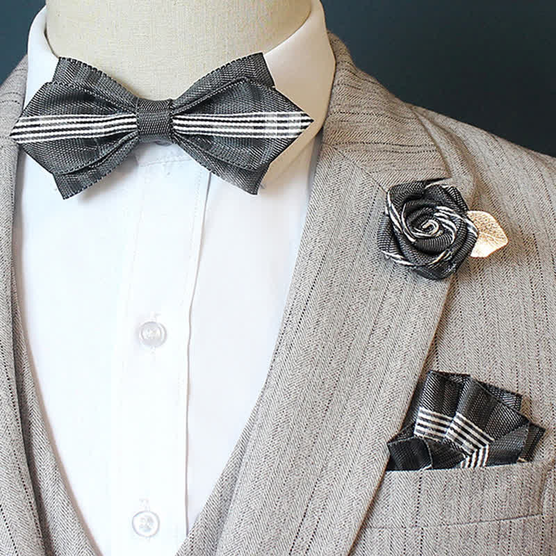 3Pcs Men's Horizon Striped Plaid Bow Tie Set - Pointy - Black - image 6
