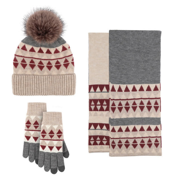 3Pcs Women's Triangle Pattern Hat Scarf Gloves Set - Red - Adjustable (Approx. 21 1/4"-22 7/8") - image 1