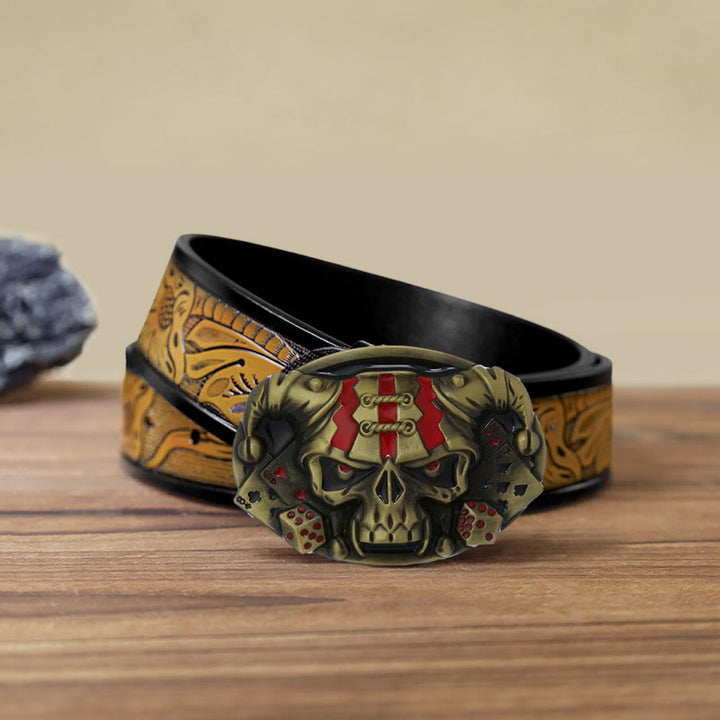 Men's DIY Skull Clown Joker Buckle Leather Belt - Antique Bronze - SandyBrown Belt (40) - image 23