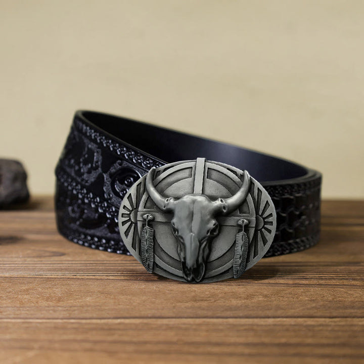 Men's DIY Buckle Leather Belt - Silver - Black Carved Belt (40) - image 14