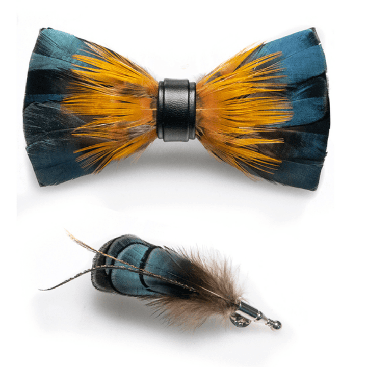 Kid's ForestGreen & Yellow Kingfisher Feather Bow Tie with Lapel Pin - image 4
