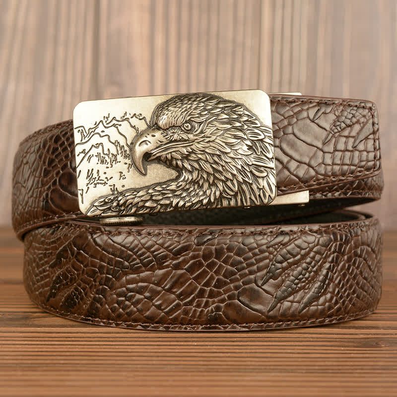Men's Carved Eagle Crocodile Pattern Leather Belt - Silver & Brown - Crocodile Claw - 44 - image 16