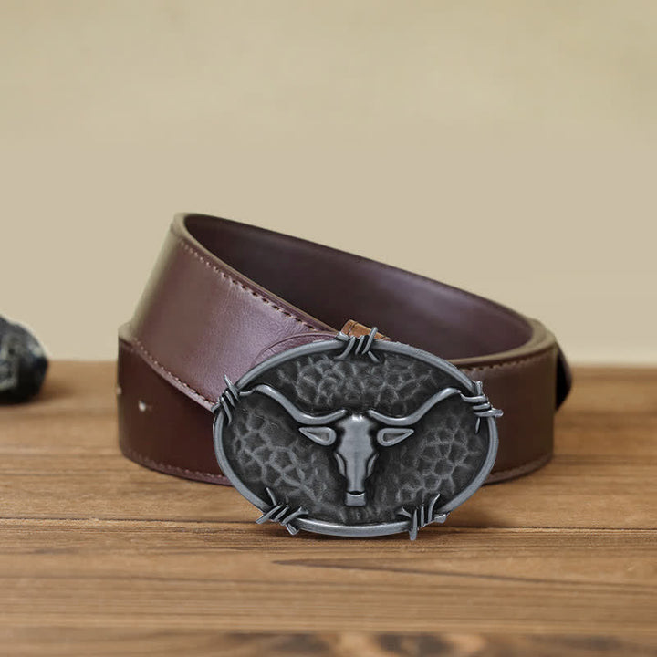 Men's DIY Cowboy Bull Head Hammered Buckle Leather Belt - Antique Silver - Brown PU Belt (40) - image 12