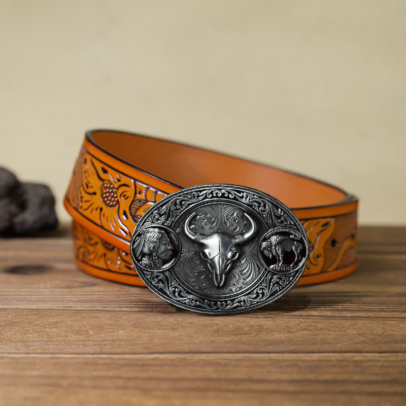 Men's DIY Typical Western Skull Buckle Leather Belt - Bull - Orange Carved Belt (40) - image 17