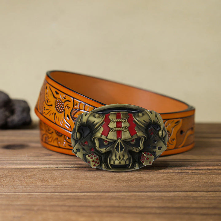 Men's DIY Skull Clown Joker Buckle Leather Belt - Antique Bronze - Orange Carved Belt (40) - image 26