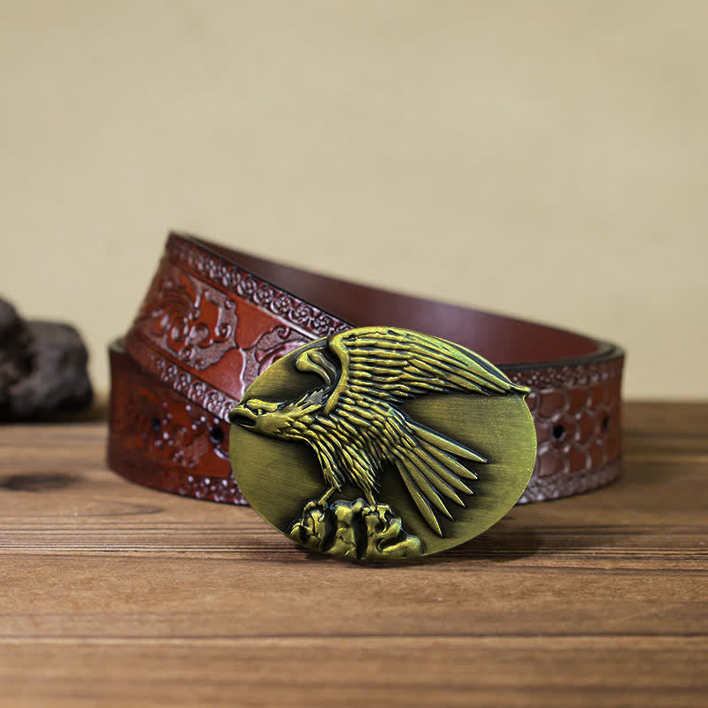Men's DIY Eagle On Stone Buckle Leather Belt - Gold - Brown Carved Belt (40) - image 16