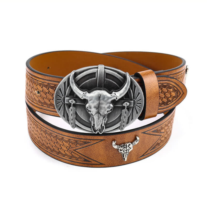 Men's Engraved Mad Bull Leather Belt - Brown / Silver - 42 - image 3