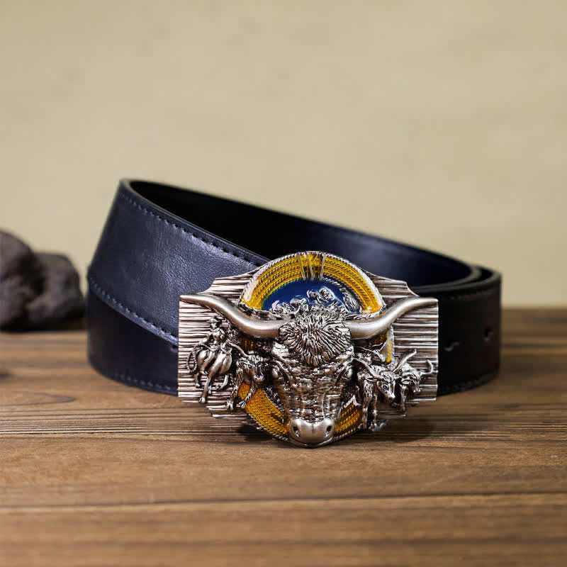 Men's DIY Domineering Longhorn Bull Buckle Leather Belt - Bull - Black PU Belt (40) - image 2