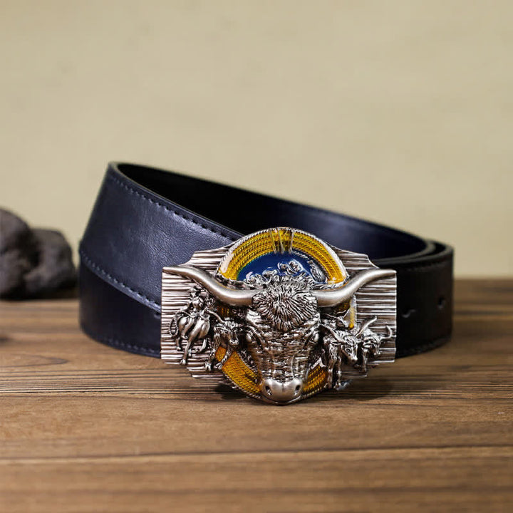 Men's DIY Domineering Longhorn Bull Buckle Leather Belt - Bull - Black PU Belt (40) - image 2