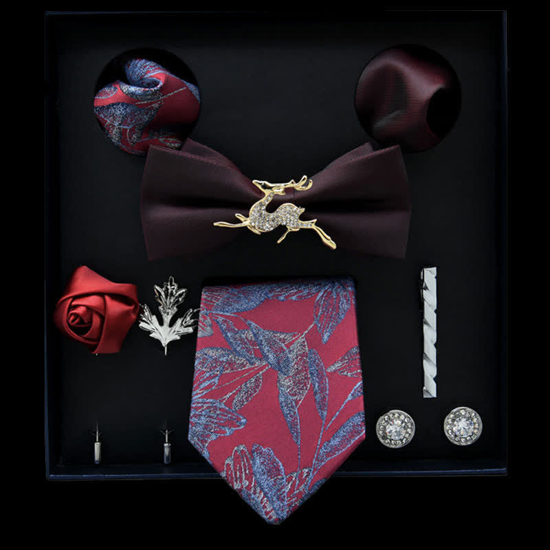 8Pcs Burgundy&VioletRed Floral Casual Necktie Bow Ties Gift Box - Burgundy&VioletRed - image 0