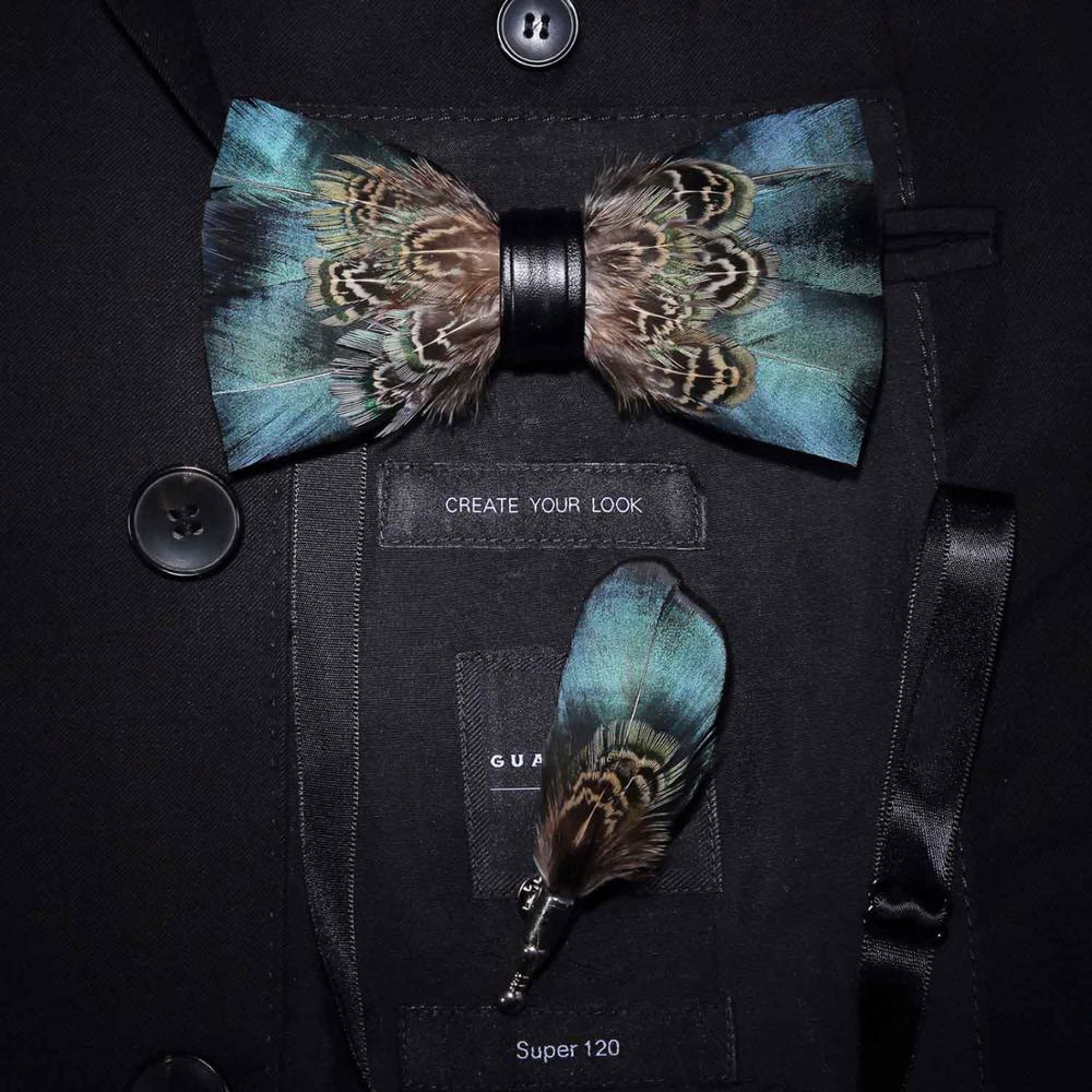 Kid's Green & Brown Vintage Feather Bow Tie with Lapel Pin - Adult - image 2