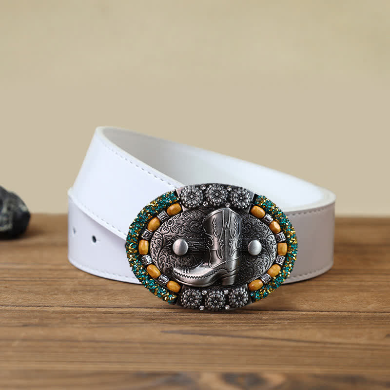 Men's DIY Wood Bead Rhinestone Boot Buckle Leather Belt - Boot - White PU Belt (40) - image 4