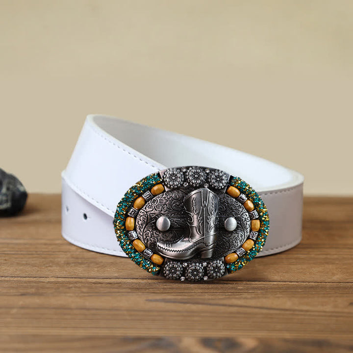 Men's DIY Wood Bead Rhinestone Boot Buckle Leather Belt - Boot - White PU Belt (40) - image 4