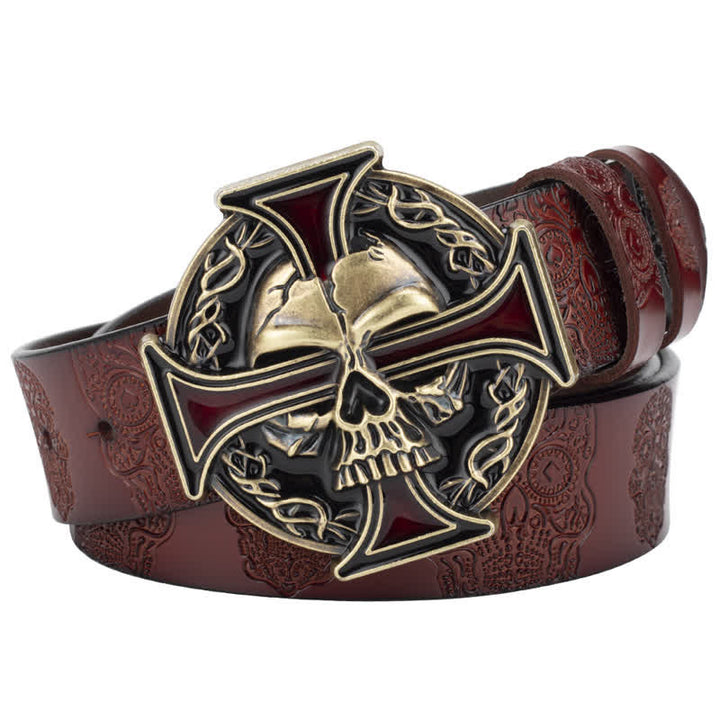 Men's Cross Skull Embossed Pattern Leather Belt - Reddish-Brown / Gold - 46 - image 12