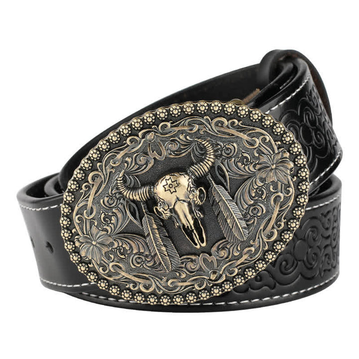 Men's Engarved Feather Bull Jeans Leather Belt - Style #1 - Black / Bronze - 46 - image 0