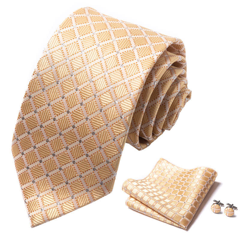 3Pcs Men's Tasteful Gold & Bisque Checked Necktie Set - image 1