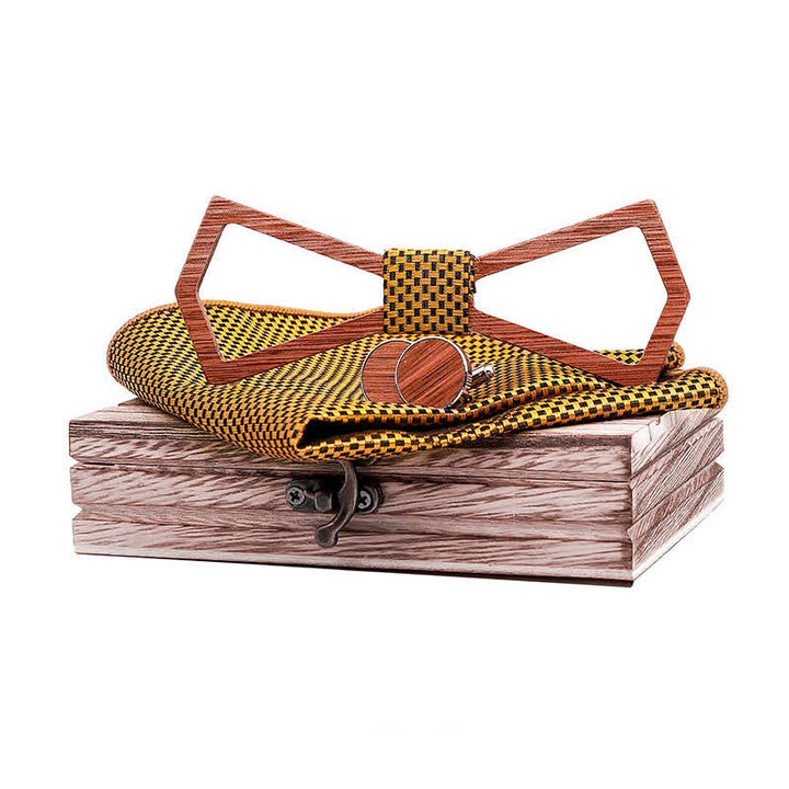 3Pcs Men's Hollow Carved Design Wooden Bow Tie Set - Yellow - image 10
