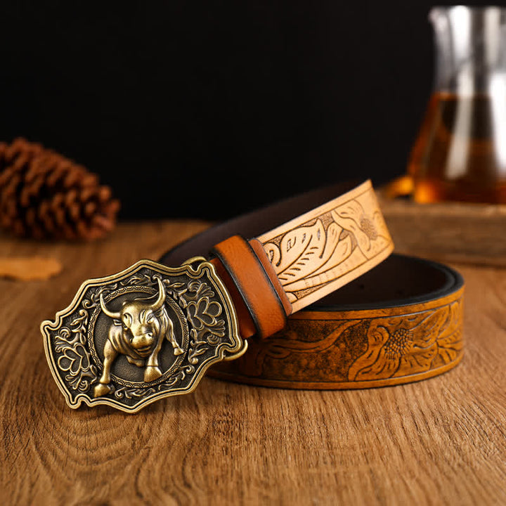 Men's Yak Matador Style Bull Buckle Leather Belt - Yellow / Gold - 42 - image 6